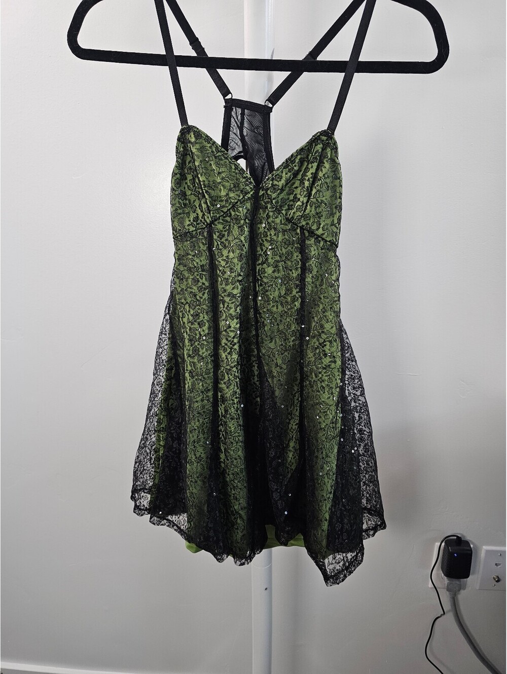 Current Mood Green and Black Lace Mini Dress with Strappy Back